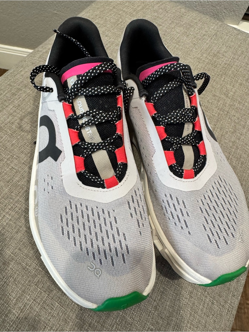 On Running Women's Light Gray Athletic Shoes with Pink and Green Accents